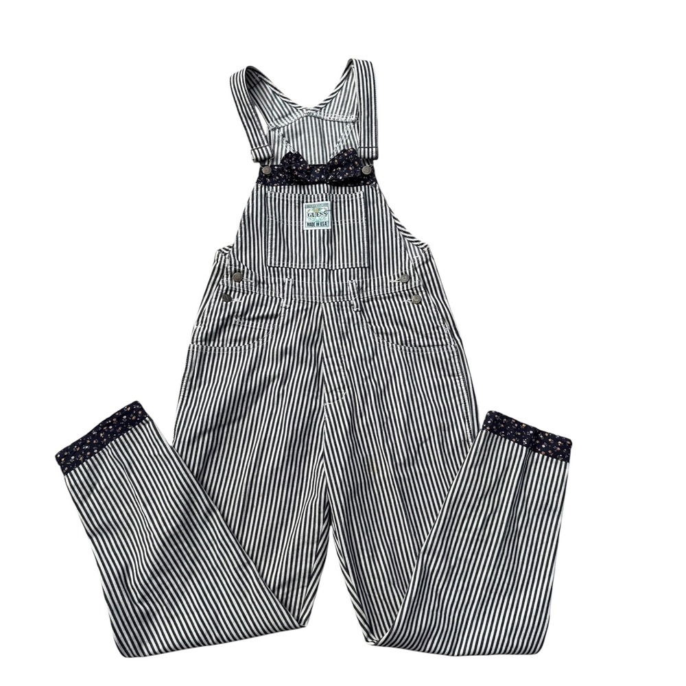 Vintage Guess Georges Marciano Striped Denim Overalls Floral Bow Made in USA 3